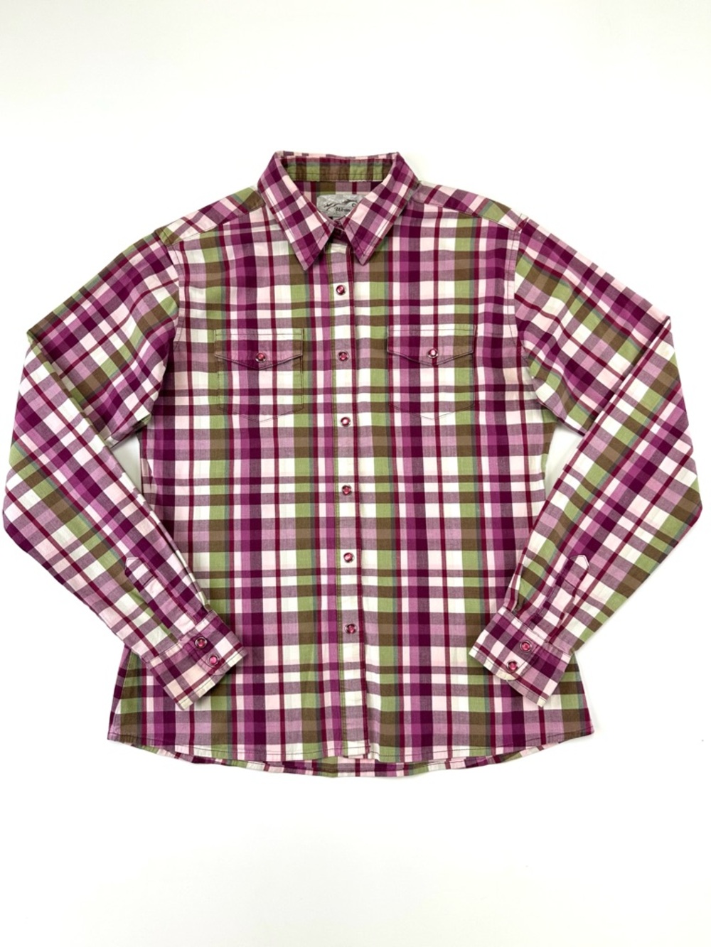 Wrangler Plaid Western Snap Shirt Small Wine Green Ranch Cowgirl Rodeo Country